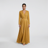 Golden Ochre Long-Sleeved Maxi Gown - Sophisticated Wrap-Front Formal Dress