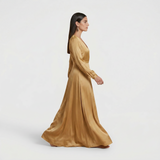Golden Ochre Long-Sleeved Maxi Gown - Sophisticated Wrap-Front Formal Dress