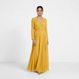 Radiant Golden Mustard Maxi Gown - Elegant Long-Sleeved Wrap Formal Dress