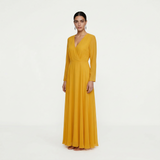Radiant Golden Mustard Maxi Gown - Elegant Long-Sleeved Wrap Formal Dress